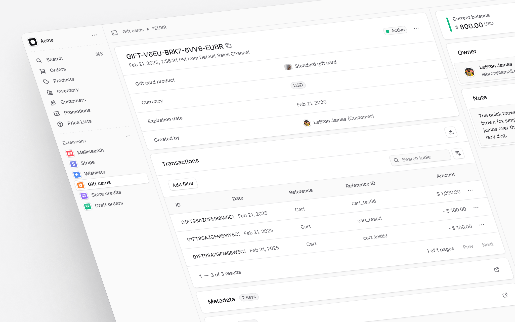 gift card interface